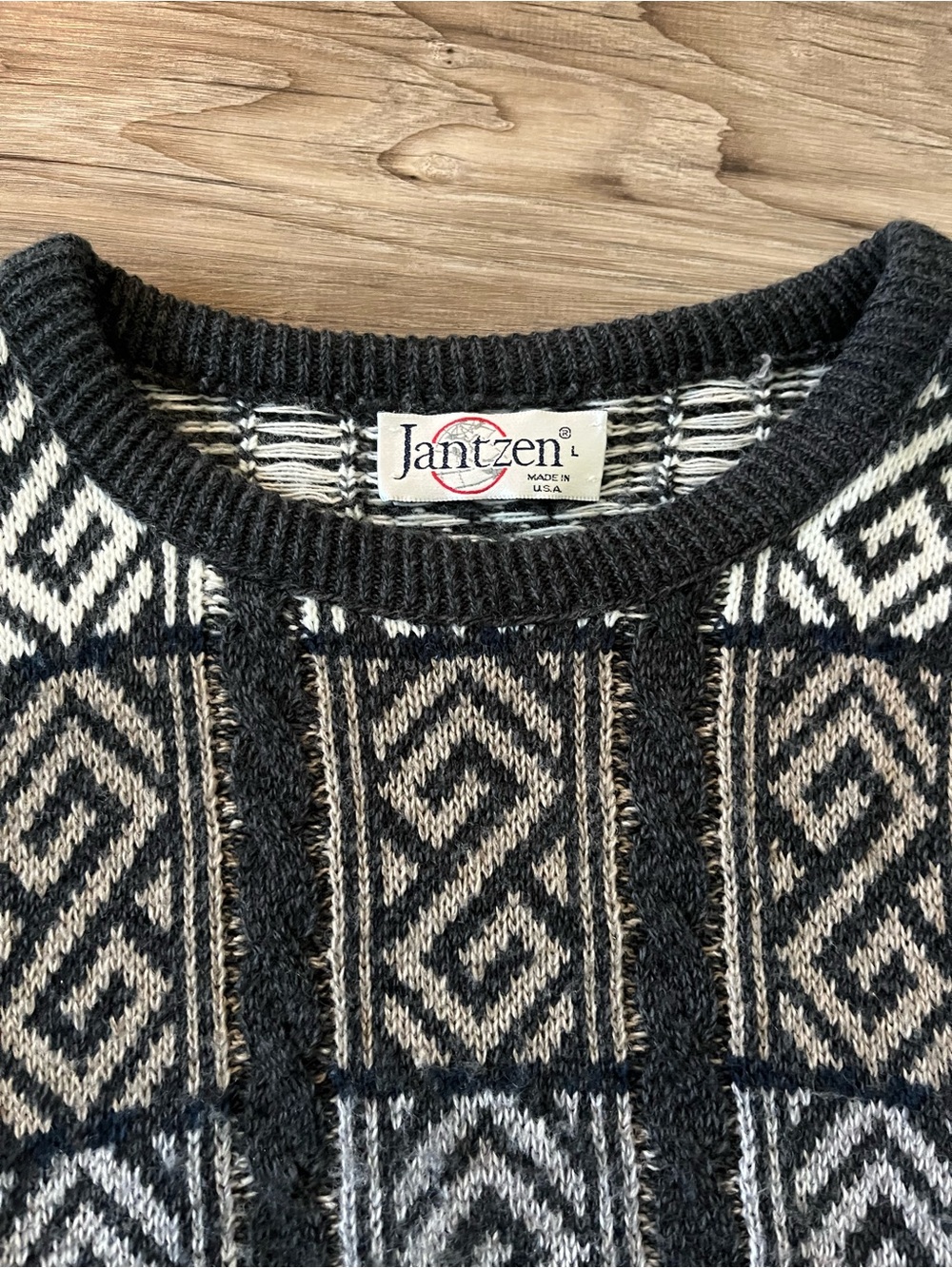 Jantzen Black and Cream Geometric Knit Crewneck Sweater